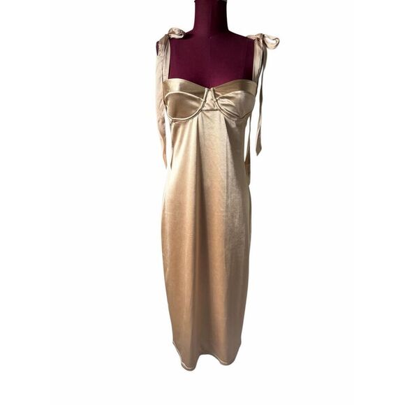 NEW Free People Casino Got Glam Tie Strap Satin Midi Latte Gold Sleeveless Dress - Picture 5 of 12
